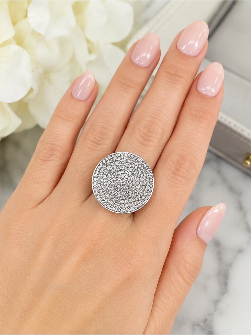 Vintage Oversized Pavé Rhinestone Disc Adjustable Statement Ring | Silver Tone